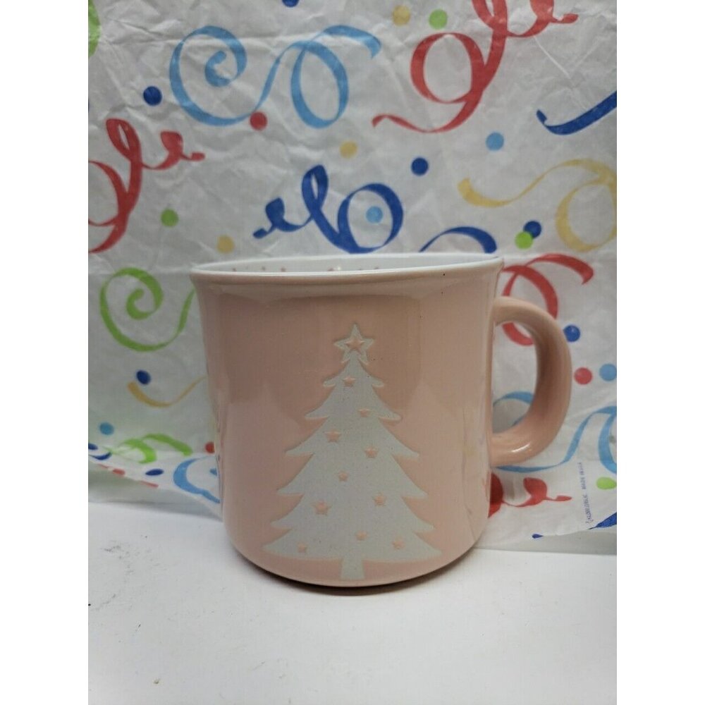 Jessica Simpson Pink Christmas Tree Coffee Hot Cocoa Mug Double Sided Inside